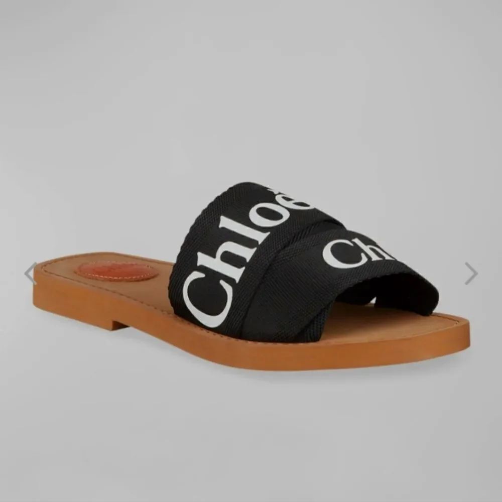 Chloe Woody Flat Logo Ribbon Black Slide Sandals Size 37 New